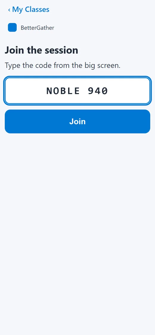 The Join the session page with the code NOBLE 940 typed in