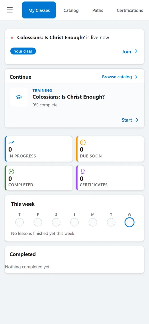 My Classes on a phone with a card: Colossians: Is Christ Enough? is live now, Join
