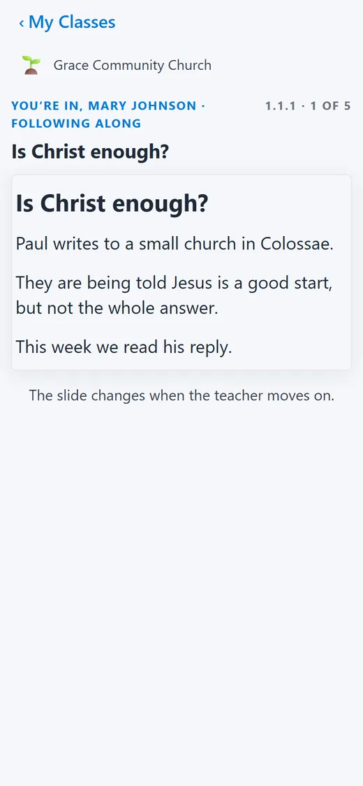 A phone following along: slide 1.1.1, 1 of 5