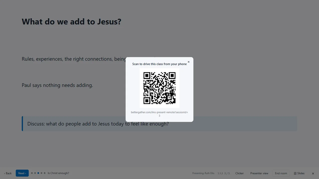 The projector showing 'Scan to drive this class from your phone' with a QR code