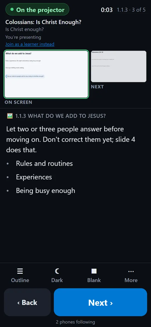 The phone clicker on slide 1.1.3 with notes, tools and Back and Next