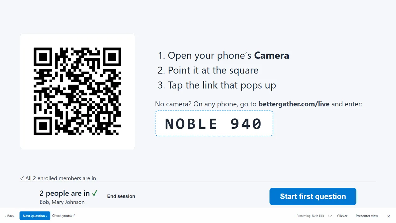 The quiz lobby: QR, join code NOBLE 940, All 2 enrolled members are in, 2 people are in: Bob, Mary Johnson, Start first question