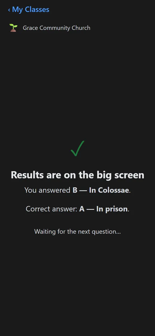 The same screen in dark mode: You answered B, In Colossae. Correct answer: A, In prison.