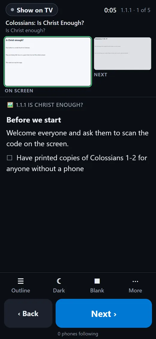 The phone in TV mode with notes for slide 1.1.1, tools and Back and Next