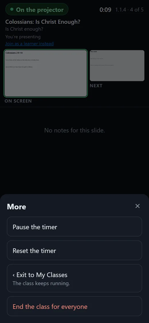 The More menu: Pause the timer, Reset the timer, Exit to My Classes, End the class for everyone