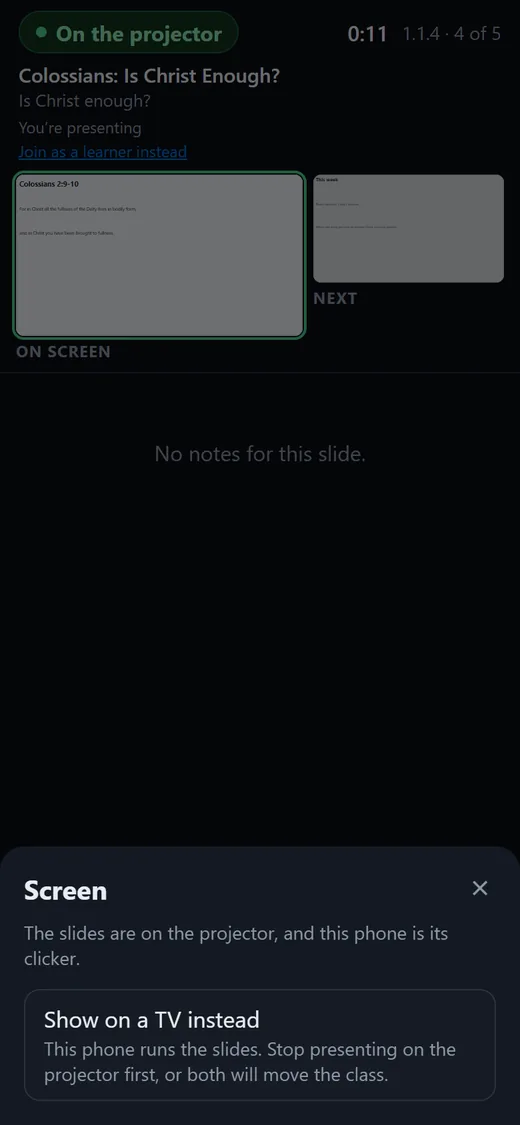 The Screen menu: Show on a TV instead