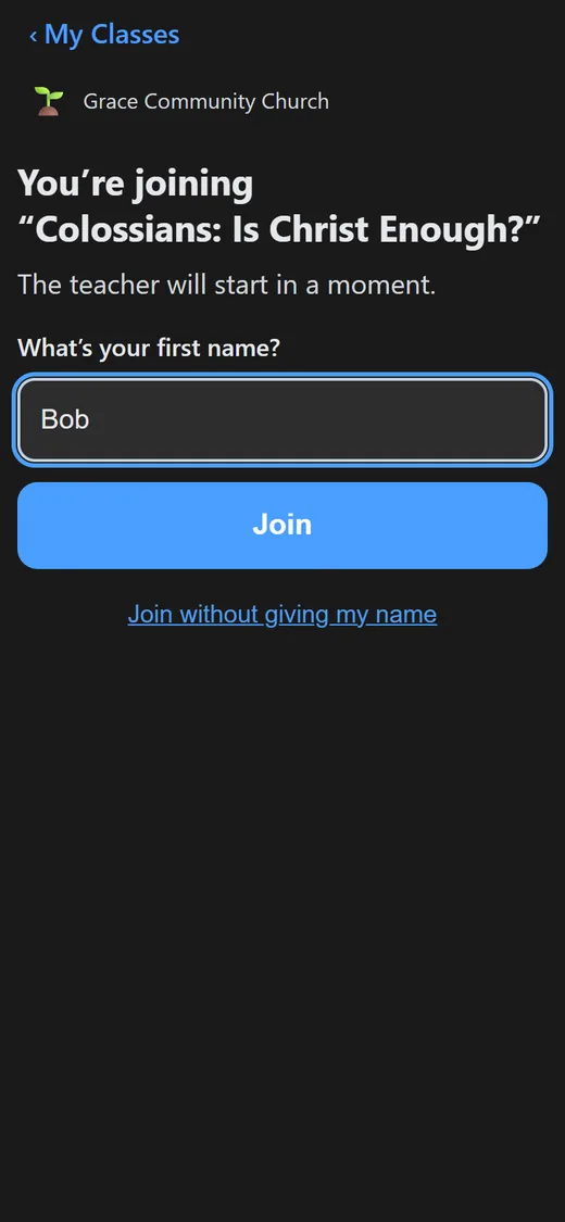 Joining in dark mode, with the first name Bob typed